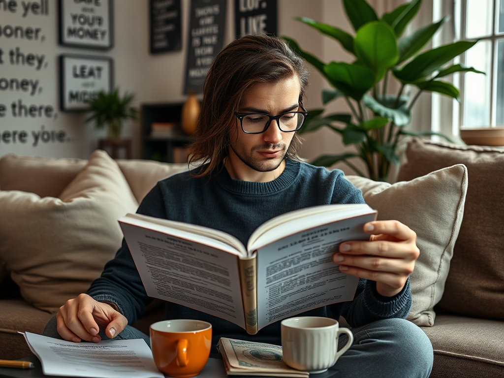 Молодой человек сидит на диване с книгой, чашкой кофе и листами бумаги. Вокруг уютная обстановка.